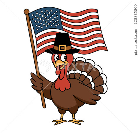 Thanksgiving Turkey Cartoon with Pilgrim Hat and American Flag 128885800