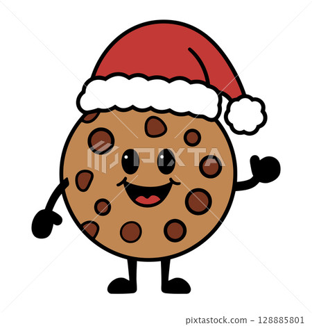 Christmas Cookie Cartoon with Santa Hat Waving 128885801