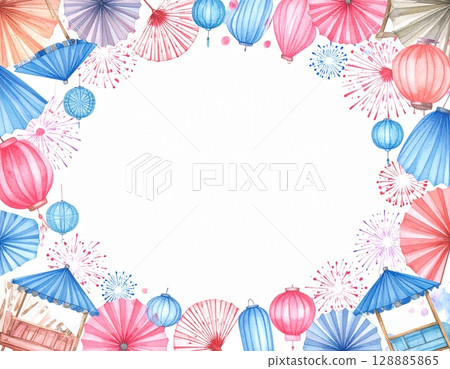Japanese modern illustration frame with Japanese umbrella and lantern 128885865