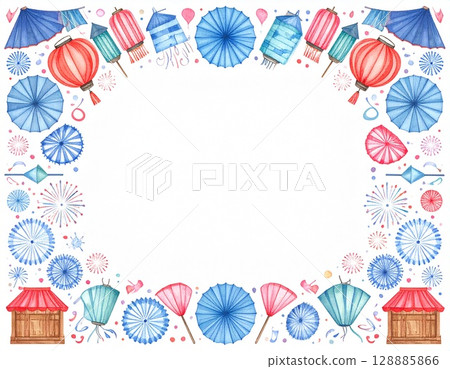 Japanese modern illustration frame with Japanese umbrella and lantern 128885866