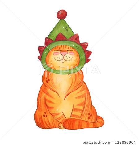 Cat in a Christmas elf hat, Santa's assistant. Watercolor illustration hand drawn, cartoon. Drawing for stickers, cards, scrapbooking. Cat, pet, toy, costume, hat, masque Cat in a Christmas elf hat, Santa's assistant. Watercolor illustration hand drawn, cartoon. Drawing for stickers, cards, scrapbooking. Cat, pet, toy, costume, hat, masque 128885904
