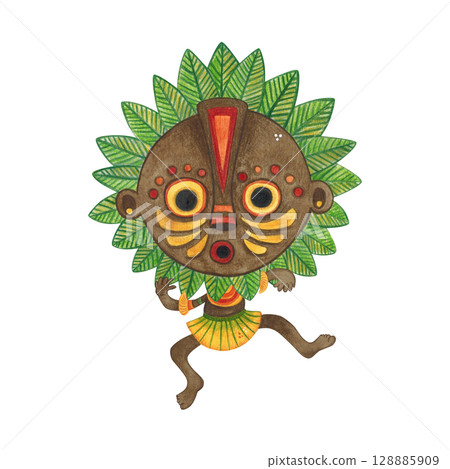 Dancing african aborigine in brown round mask with green leaves frame in yellow skirt. Watercolor illustration, hand drawn, cartoon. Drawing for poster, stickers, print. Africa, mask, funny, character 128885909