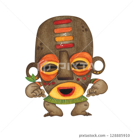 Crouching African aborigine in a brown mask with a bright pattern and big ears. Watercolor illustration, hand drawn, cartoon. Drawing for poster, stickers, print. Africa, mask, funny, character 128885910