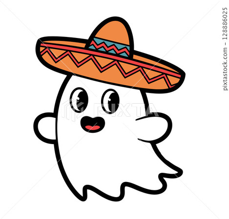 Cheerful Cartoon Ghost Wearing Mexican Sombrero Hat Cheerful Cartoon Ghost Wearing Mexican Sombrero Hat 128886025