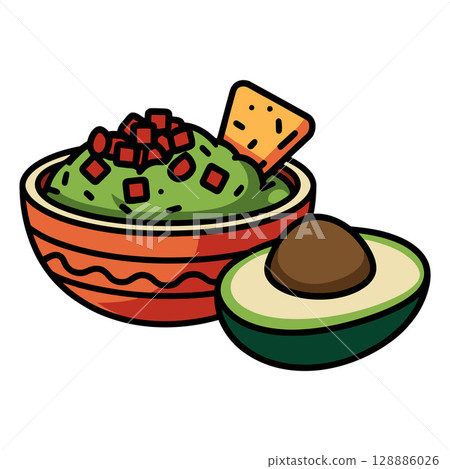Guacamole Bowl with Tomato Garnish, Tortilla Chip, and Halved Avocado Guacamole Bowl with Tomato Garnish, Tortilla Chip, and Halved Avocado 128886026