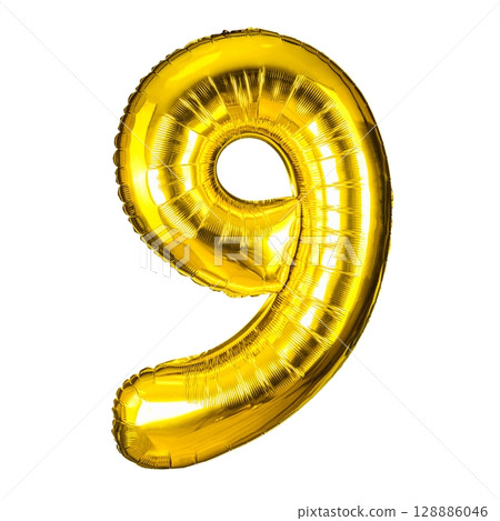 Golden Number Nine Balloon Isolated on White Background for Celebration Decoration 128886046