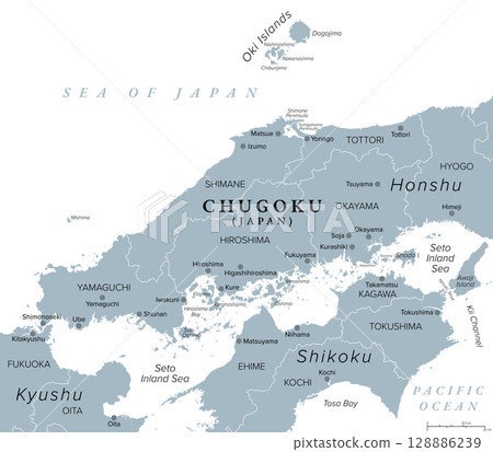Chugoku, region of Japan, gray political map. Also known as Sanin-Sanyo region, the westernmost region of Honshu, consisting of the prefectures of Hiroshima, Okayama, Shimane, Tottori, and Yamaguchi. 128886239