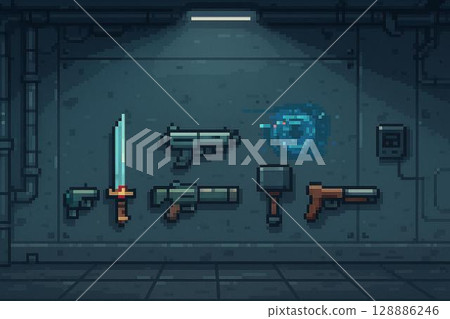 Pixelated weapons lined up in a dark underground armory 128886246