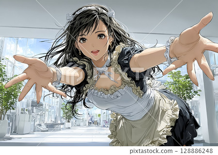 Maid cafe: Illustration of a maid guiding customers with her arms outstretched 128886248