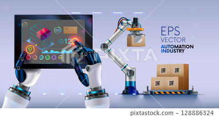 Hands of humanoid robot hold tablet in hands. first-person view. Robot on tablet controls loading of boxes on to pallet. AI controls operation of industrial robot arm on factory. AI in industry 4.0 128886324