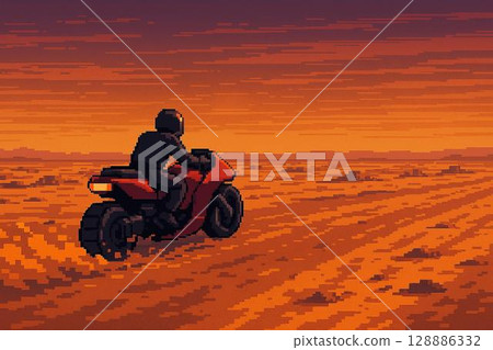 像素化的懸浮摩托車在荒野中飛馳的影像 像素化的懸浮摩托車在荒野中飛馳的影像 128886332