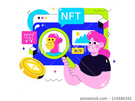 NFT Non Fungible Token Vector Illustration Featuring Crypto Art Being Converted Into a Digital Network with Coin Servers in a Flat Background NFT Non Fungible Token Vector Illustration Featuring Crypto Art Being Converted Into a Digital Network with Coin Servers in a Flat Background 128886382