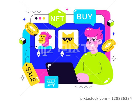 NFT Non Fungible Token Vector Illustration Featuring Crypto Art Being Converted Into a Digital Network with Coin Servers in a Flat Background 128886384