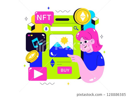 NFT Non Fungible Token Vector Illustration Featuring Crypto Art Being Converted Into a Digital Network with Coin Servers in a Flat Background 128886385