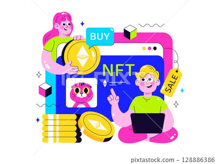 NFT Non Fungible Token Vector Illustration Featuring Crypto Art Being Converted Into a Digital Network with Coin Servers in a Flat Background 128886386