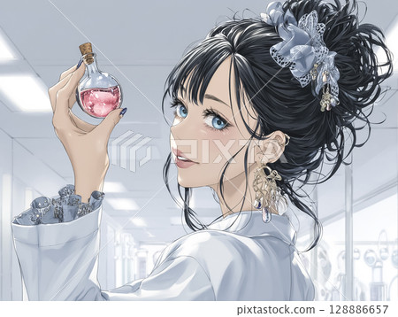 一位科學家手持裝有人造血液的試管，看著鏡頭的插圖 128886657