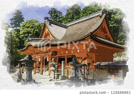 Watercolor style Kibitsu Shrine Main Hall Fukuyama City Hiroshima Prefecture 128886661