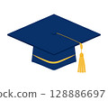 Blue graduation cap with gold tassel on white background. Mortarboard. Vector element for design. 128886697