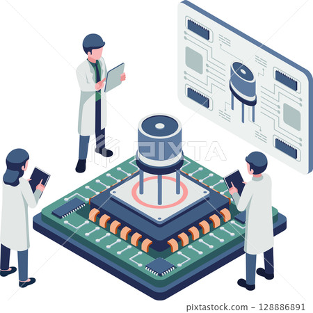 Isometric Engineer Working on Transistor and Semiconductor Design 128886891