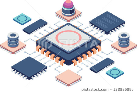 Isometric Semiconductor Chip with Connected Components 128886893