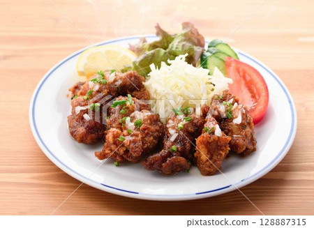 Steaming fried chicken set meal Chinese lunch with rice and soup 128887315