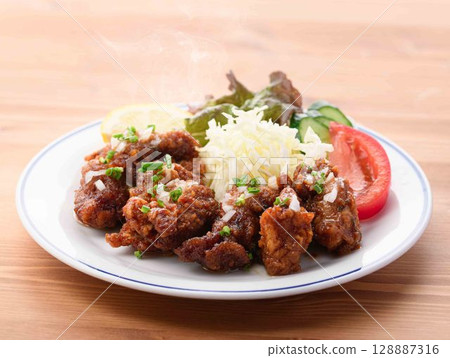 Steaming fried chicken set meal Chinese lunch with rice and soup 128887316