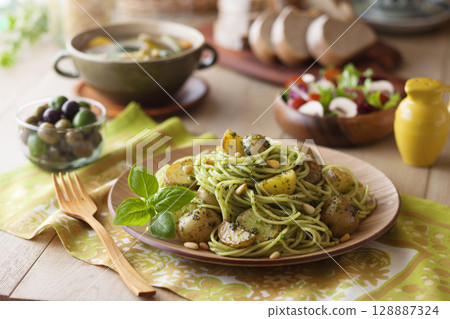 New potato pesto pasta New potato pesto pasta 128887324