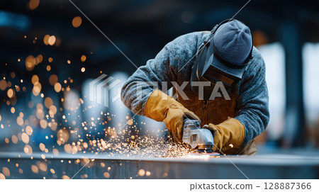 Metalworker in protective gear uses angle grinder, creating bright sparks in industrial setting 128887366