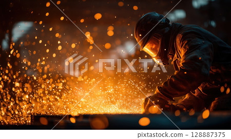 Construction worker in safety gear is welding metal, surrounded by bright sparks in dimly lit industrial setting 128887375