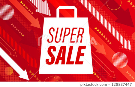 帶有紅色箭頭和購物袋的促銷設計 128887447