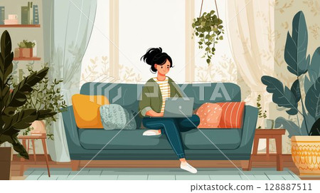 在客廳休息時使用筆記型電腦的人 128887511