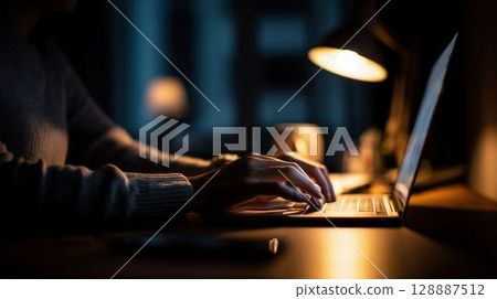 夜間在辦公桌前操作電腦的手部特寫 128887512