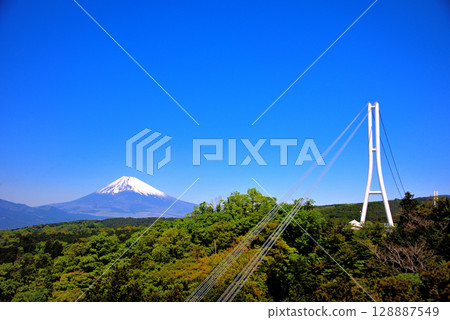 中部地區，三島天空步道，藍天白雲下的吊橋和富士山的美麗風景，靜岡縣三島市（2） 128887549