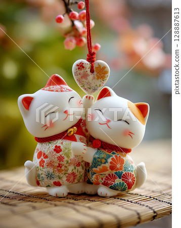 兩隻可愛的招財貓玩愛心 AI 圖像 128887613