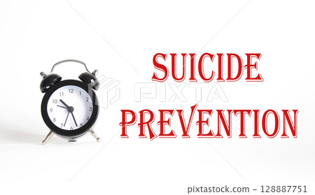 Suicide Prevention symbol. Concept words Suicide Prevention on Beautiful white background with alarm clock. Medicine and Suicide Prevention concept. Copy space. 128887751