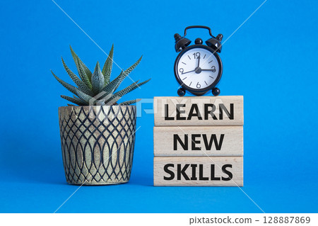 Learn new skills symbol. Concept words Learn new skills on wooden blocks. Beautiful blue background with succulent plant and alarm clock. Business and Learn new skills concept. Copy space. 128887869