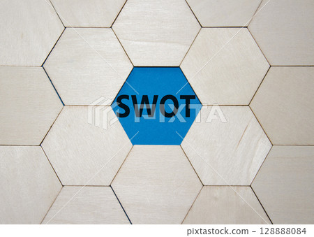 SWOT symbol. Concept word SWOT on wooden comb puzzle. Beautiful blue background. Business and SWOT concept. Copy space. 128888084