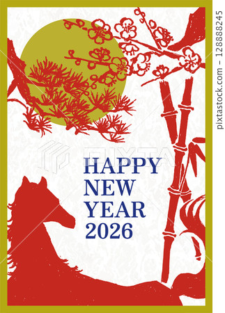 2026 Year of the Horse New Year's card template Hand-drawn illustration of the zodiac sign of the horse 128888245