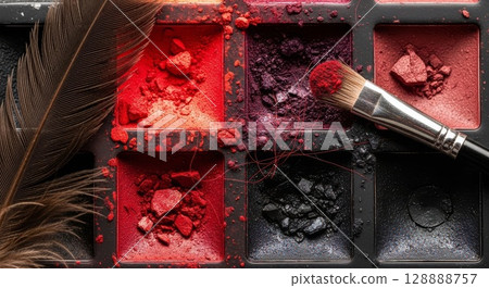 Broken colorful eyeshadow makeup palette with cosmetic brush and scattered feathers in dramatic beauty composition 128888757