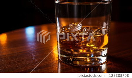 Premium whiskey glass with ice cubes on wooden bar counter with warm ambient lighting and blurred background bokeh 128888798