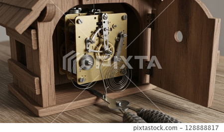 Traditional wooden cuckoo clock case with exposed brass mechanical clockwork movement featuring gears springs and pendulum mechanism on wooden surface Traditional wooden cuckoo clock case with exposed brass mechanical clockwork movement featuring gears springs and pendulum mechanism on wooden surface 128888817