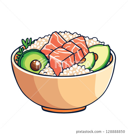 Vsai delicious poke bowl with salmon, avocado and rice filling a bowl Vsai delicious poke bowl with salmon, avocado and rice filling a bowl 128888850