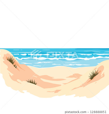 Vsai ocean waves crashing on sandy beach with dunes and grass 128888851