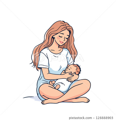 Vsai young mother holding her sleeping newborn baby with love and tenderness 128888903