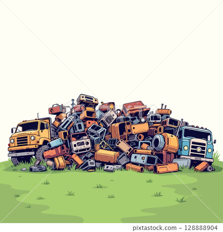 Vsai two trucks delivering a large pile of electronic waste for recycling 128888904