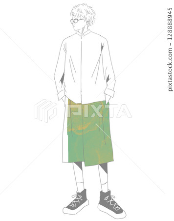 Young man with glasses: full body fashion sketch 128888945