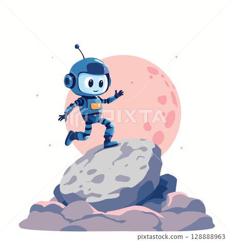Vsai cute robot astronaut running on asteroid with planet in background Vsai cute robot astronaut running on asteroid with planet in background 128888963