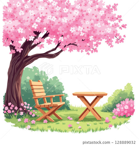 Vsai relaxing place under blooming cherry tree in peaceful garden 128889032