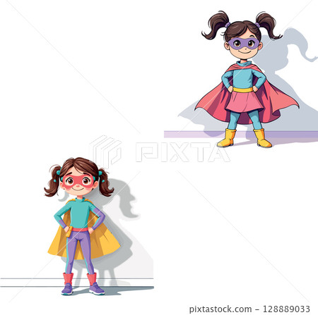 Vsai two girls wearing superhero costumes and posing confidently 128889033