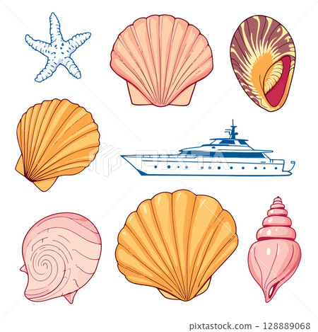 Vsai seashells and yacht representing summer vacation and luxury travel 128889068